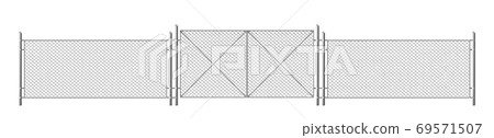 Wire fence, grid with gate. Three segments fencing Wire fence, grid with gate. Three segments fencing 69571507