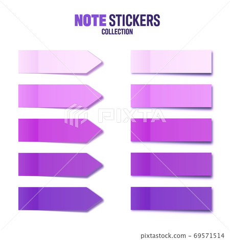 Realistic purple sticky notes collection. Arrow flag tabs. Post note stickers. Colorful sticky paper 69571514