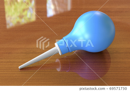 Blue enema, clyster on the wooden table. 3D rendering Blue enema, clyster on the wooden table. 3D rendering 69571730
