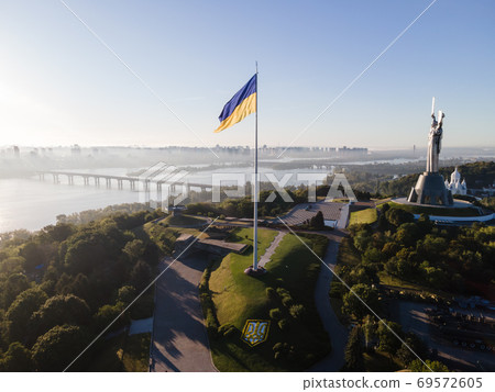 Kyiv - National flag of Ukraine. Aerial view. Kiev 69572605