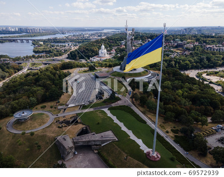 Kyiv - National flag of Ukraine. Aerial view. Kiev 69572939