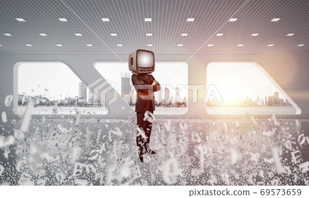 Businessman with an old TV instead of head. 69573659