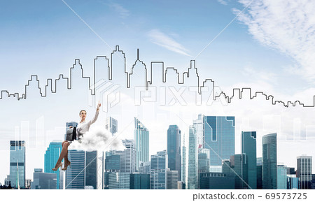 Elegant lady boss or accountant float on cloud and pointing with finger Elegant lady boss or accountant float on cloud and pointing with finger 69573725