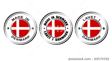 Round label Made in Denmark with flag symbol Round label Made in Denmark with flag symbol 69574592