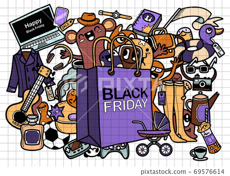 Black Friday sale hand lettering and doodles elements background. Vector hand drawn illustration Black Friday sale hand lettering and doodles elements background. Vector hand drawn illustration 69576614