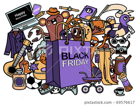 Black Friday sale hand lettering and doodles elements background. Vector hand drawn illustration 69576617