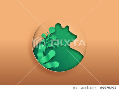 Bear animal Paper cut with green eco leaf 69576893