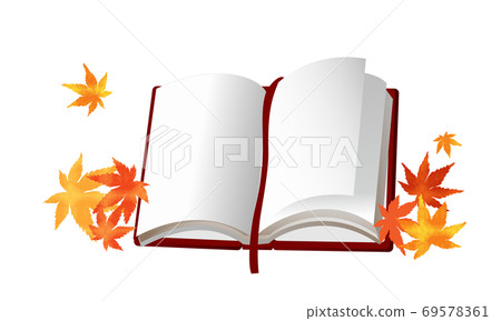 Kaede with autumn leaves and an open book (white background) 69578361