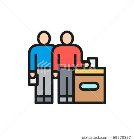 People put ballot paper in ballot box, election day flat color line icon. 69578587