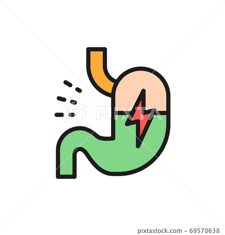 Stomach ache, abdominal pain flat color line icon. 69578638
