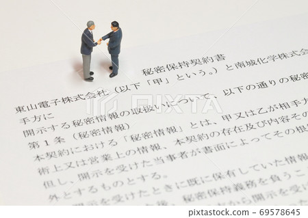 A miniature of a businessman trying to shake hands on a nondisclosure agreement A miniature of a businessman trying to shake hands on a nondisclosure agreement 69578645
