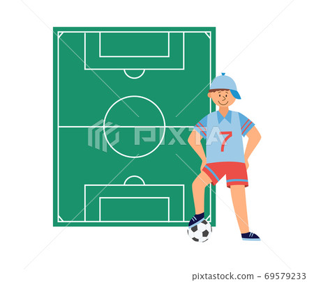 Child boy soccer or football player standing flat vector illustration isolated. Child boy soccer or football player standing flat vector illustration isolated. 69579233
