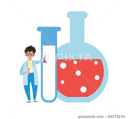 Tiny child with chemical laboratory tubes, flat vector illustration isolated. Tiny child with chemical laboratory tubes, flat vector illustration isolated. 69579234