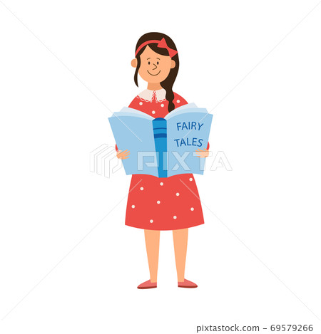 Little kid girl character with book in hands flat vector illustration isolated. 69579266