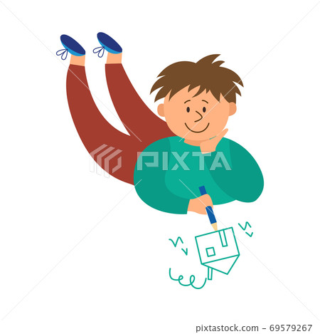 Little cute child drawing lying on the floor flat vector illustration isolated. 69579267