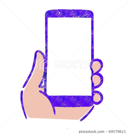 Illustration of a hand holding a smartphone Purple Illustration of a hand holding a smartphone Purple 69579621