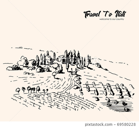 Vector drawing of the village landscape of Italy. Freehand landscape 69580228