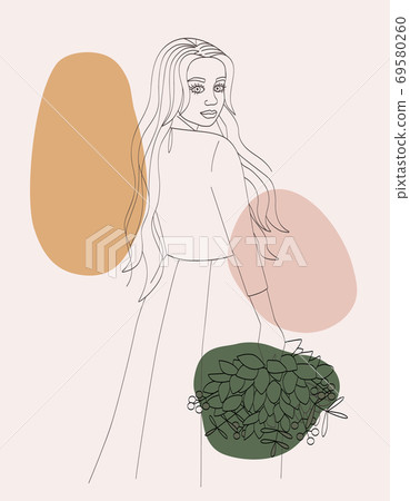 A poster with the outline, the silhouette of a young woman and organic shapes. A poster with the outline, the silhouette of a young woman and organic shapes. 69580260