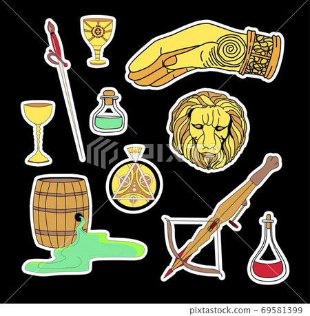 Magic stickers. Wild fire, crossbow, old scroll. The head of a golden lion and the sign of the right hand. Great house symbols collection. Magic stickers. Wild fire, crossbow, old scroll. The head of a golden lion and the sign of the right hand. Great house symbols collection. 69581399