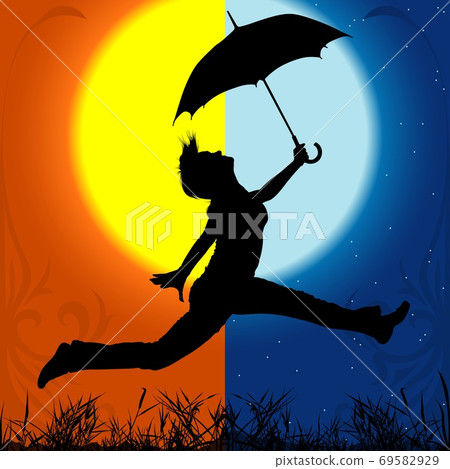 Silhouetted Girl Jumping with Umbrella - Stock Illustration [69582929 ...