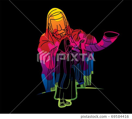 Feast of trumpets.Group of Jewish people blowing the shofar horn cartoon graphic vector 69584416