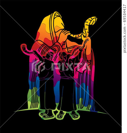 Feast of trumpets.Group of Jewish people blowing the shofar horn cartoon graphic vector Feast of trumpets.Group of Jewish people blowing the shofar horn cartoon graphic vector 69584417