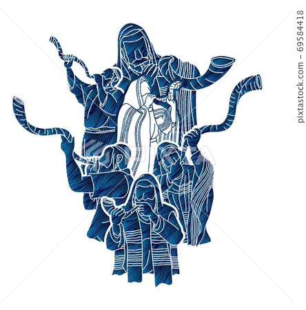 Feast of trumpets.Group of Jewish people blowing the shofar horn cartoon graphic vector Feast of trumpets.Group of Jewish people blowing the shofar horn cartoon graphic vector 69584418