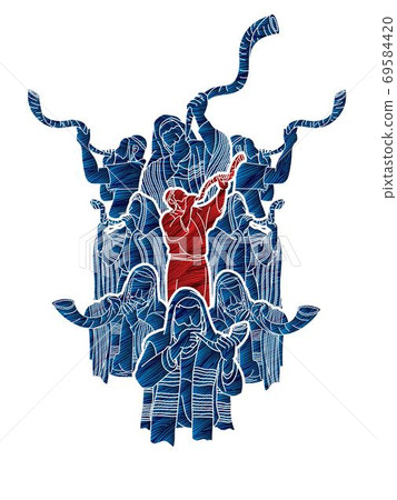 Feast of trumpets.Group of Jewish people blowing the shofar horn cartoon graphic vector 69584420