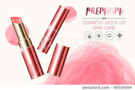 Hydrating facial lipstick for annual sale or festival sale. silver and gold lipstick mask bottle isolated on glitter particles background. Graceful cosmetic ads. 69584564