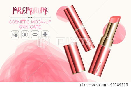 Hydrating facial lipstick for annual sale or festival sale. silver and gold lipstick mask bottle isolated on glitter particles background. Graceful cosmetic ads. 69584565
