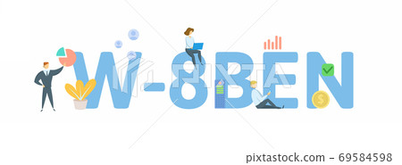 W-8BEN, tax form. Concept with keywords, people and icons. Flat vector illustration. Isolated on white. 69584598