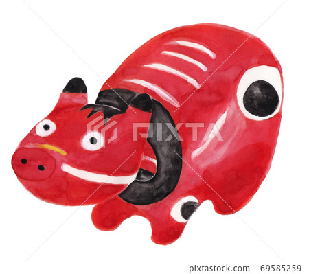 Cute watercolor hand-painted "Akabeko" Japanese folk art from Fukushima Prefecture Perfect for New Year's cards Illustration of a cow facing left 69585259