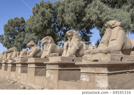 A corridor of ram-headed sphinxes at the entrance of Karnak Temple Complex A corridor of ram-headed sphinxes at the entrance of Karnak Temple Complex 69585316