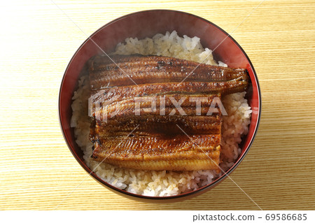 上面烤著一隻鰻魚的熱鰻魚碗（頂視圖） 69586685