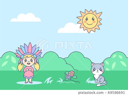 Indian child with kitten on summer anime lawn illustration. Joyful cartoon child with colored feathers headdress playing with happy cat. 69586691