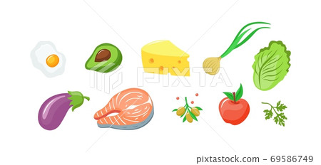 Appetizing food ingredients set. Fried salmon steak piece of yellow cream cheese fresh green onion. Appetizing food ingredients set. Fried salmon steak piece of yellow cream cheese fresh green onion. 69586749