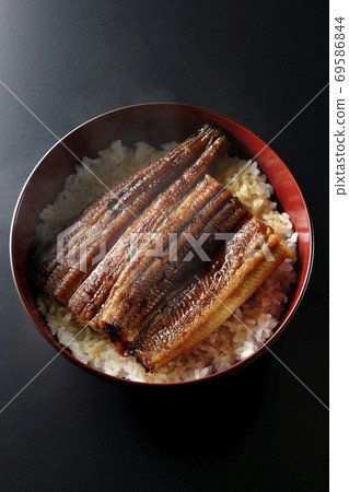 Hot eel bowl with one eel kabayaki taken on a black background (overhead view) 69586844