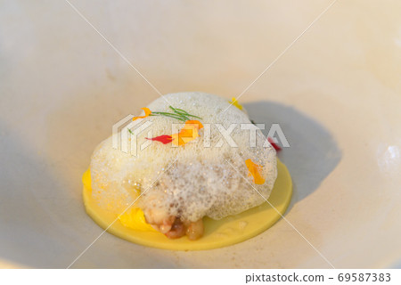 Beautiful decorated dish of international fusion cuisine Beautiful decorated dish of international fusion cuisine 69587383