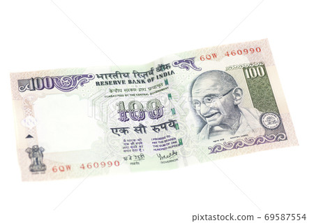 One hundred rupee note (Indian currency) isolated on a white background. One hundred rupee note (Indian currency) isolated on a white background. 69587554