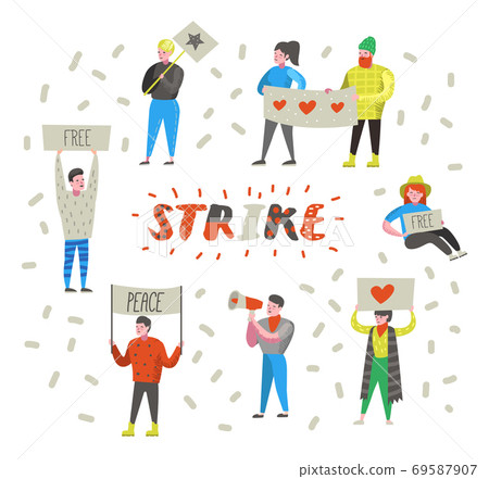 Group of Flat Angry People Protesting at Strike 69587907