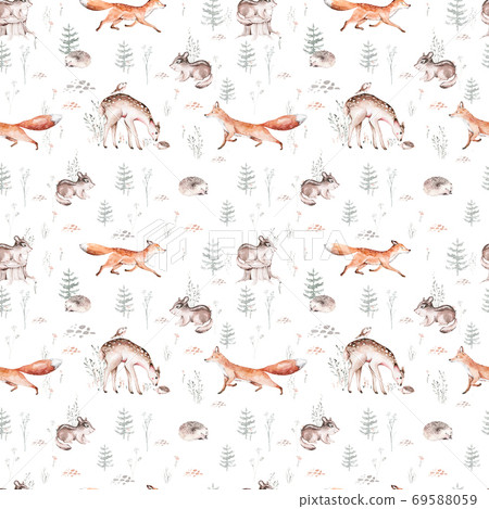 Watercolor Woodland animal Scandinavian seamless pattern. Fabric wallpaper background with Owl, hedgehog, fox and butterfly, rabbit forest squirrel and chipmunk, bear and bird baby animal, Watercolor Woodland animal Scandinavian seamless pattern. Fabric wallpaper background with Owl, hedgehog, fox and butterfly, rabbit forest squirrel and chipmunk, bear and bird baby animal, 69588059