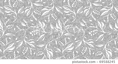 Floral seamless pattern with leaves and berries in grayscale. Hand drawing. Floral seamless pattern with leaves and berries in grayscale. Hand drawing. 69588245