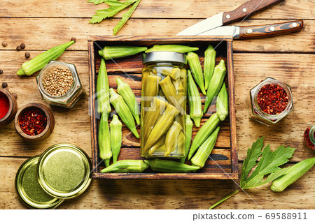 Canned okra in jars 69588911
