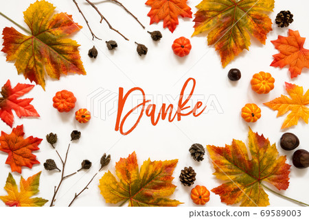 Bright Colorful Autumn Leaf Decoration, German Text Danke Means Thank You Bright Colorful Autumn Leaf Decoration, German Text Danke Means Thank You 69589003