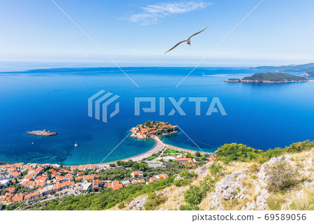 View on Sveti Stefan island from the rock, Budva riviera, Montenegro 69589056