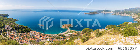 Sveti Stefan aerial panorama, Budva region, Montenegro 69589057