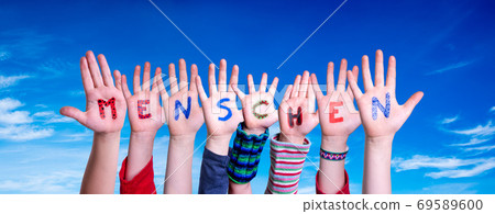 Children Hands Building Word Menschen Means Human, Blue Sky 69589600