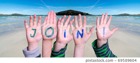 Children Hands Building Word Join, Ocean Background 69589604