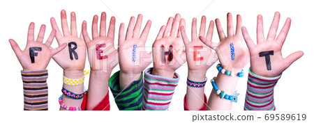 Children Hands Building Word Freiheit Means Freedom, Isolated Background 69589619