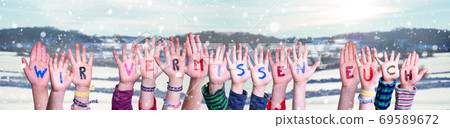 Children Hands Building Wir Vermissen Euch Means We Miss You, Winter Background Children Hands Building Wir Vermissen Euch Means We Miss You, Winter Background 69589672